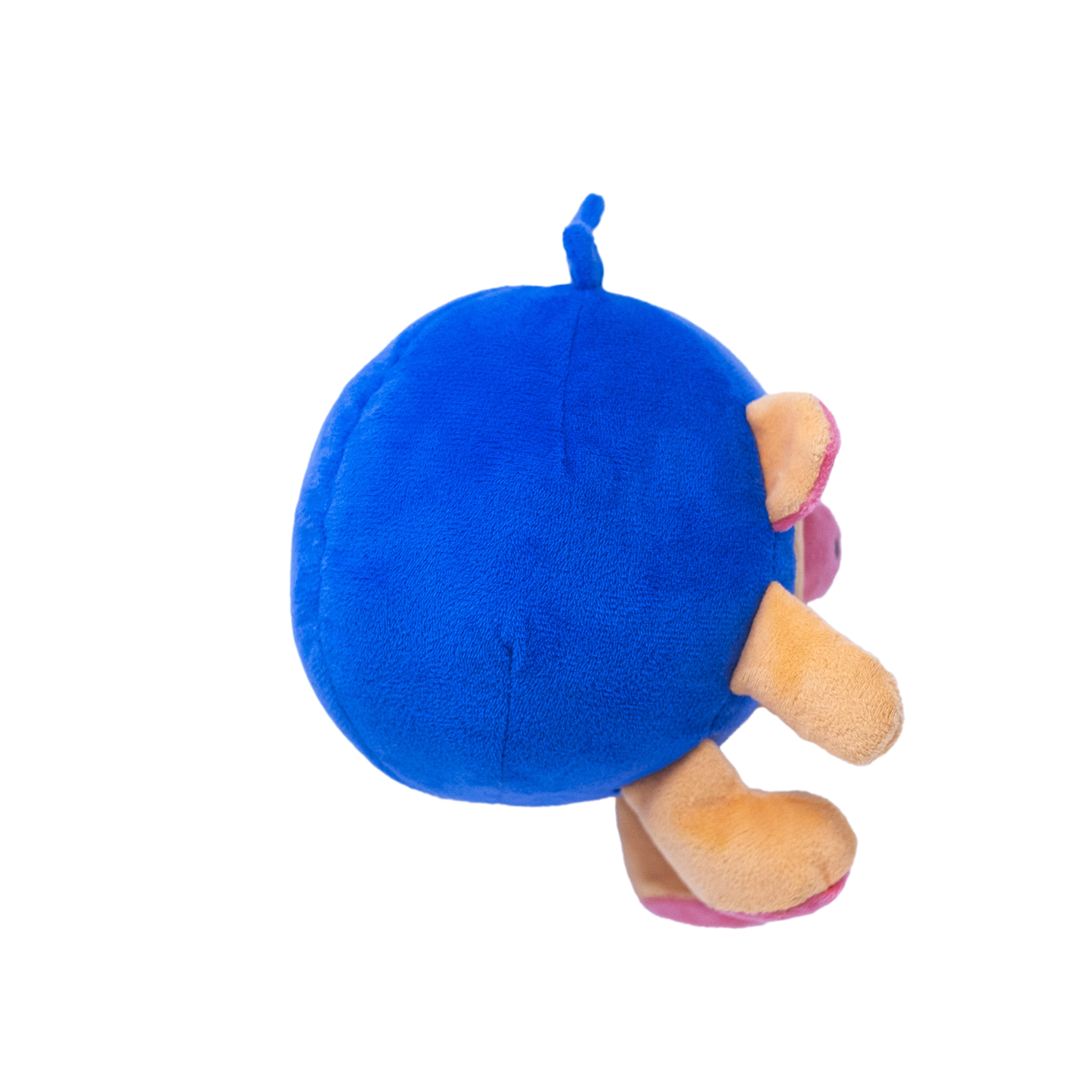 The side view of a plush blue dog toy resembling a pig in a blueberry costume on a white background