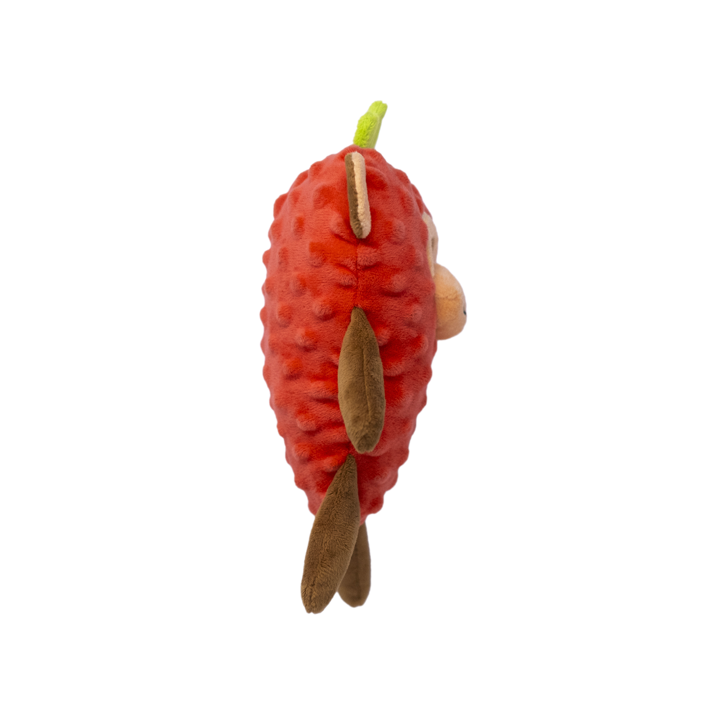 The side view of a plush red dog toy resembling a monkey in a strawberry costume on a white background