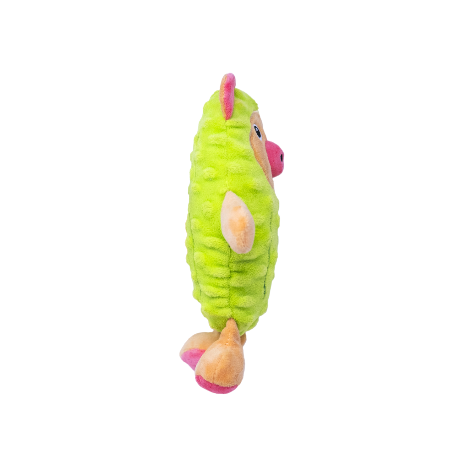 Side view of a plush green dog toy resembling a pig in a pickle costume on a white background