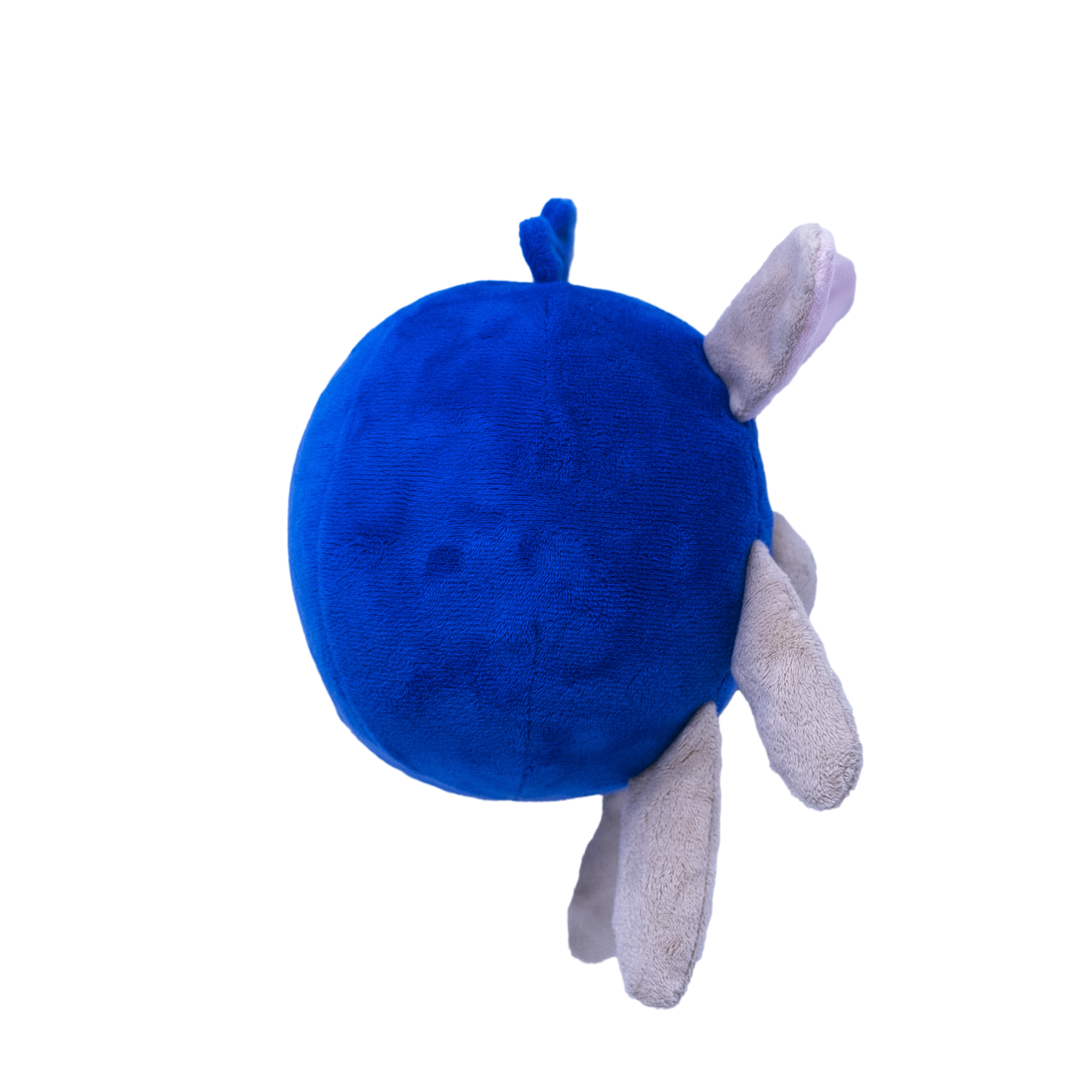 The side view of a plush blue dog toy resembling a bunny in a blueberry costume on a white background