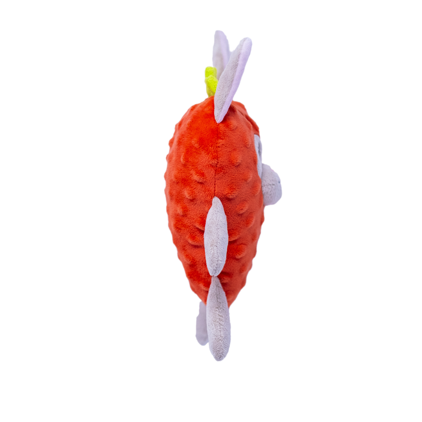 The side view of a plush red dog toy resembling a bunny in a strawberry costume on a white background