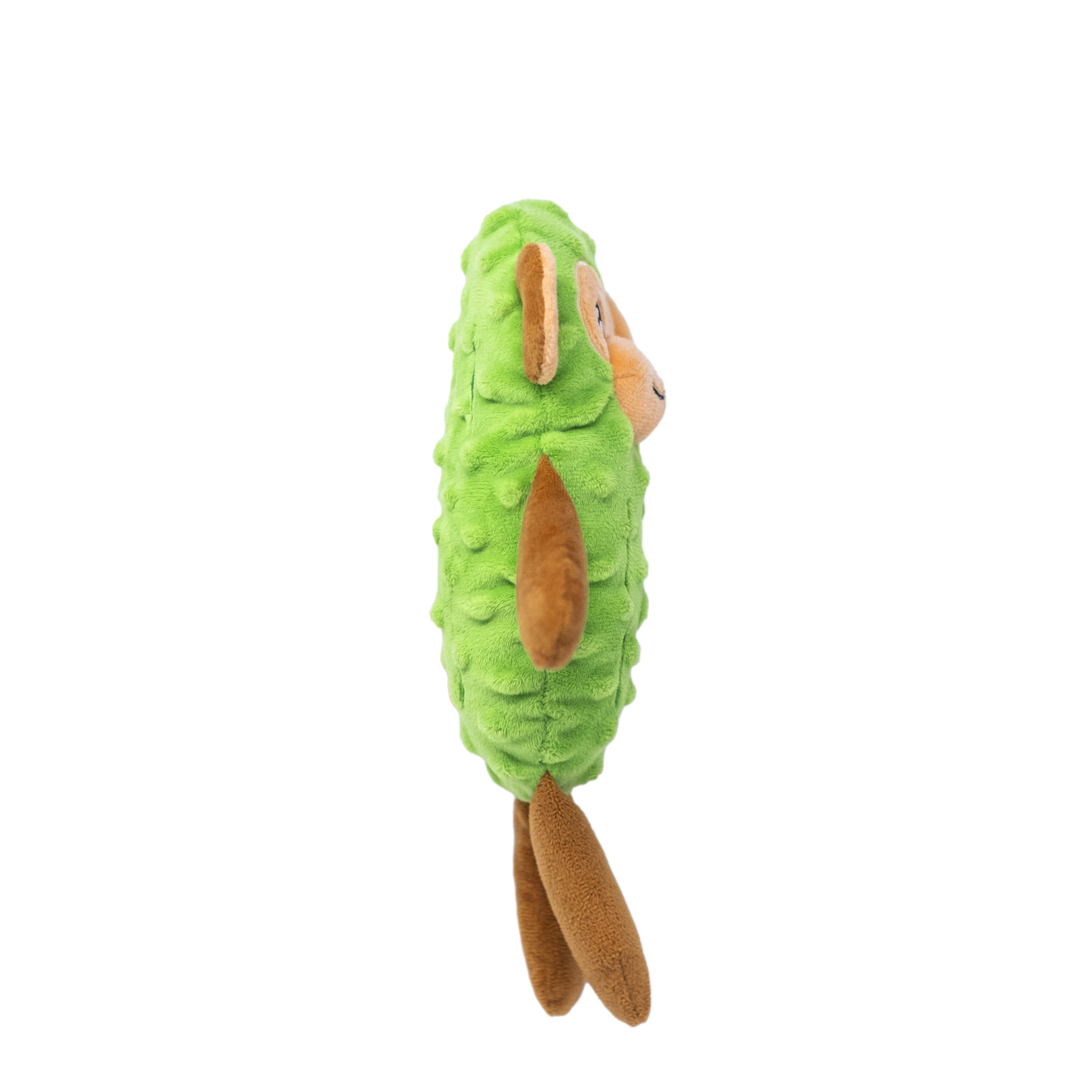 The side view of a plush green dog toy resembling a monkey in a pickle costume on a white background