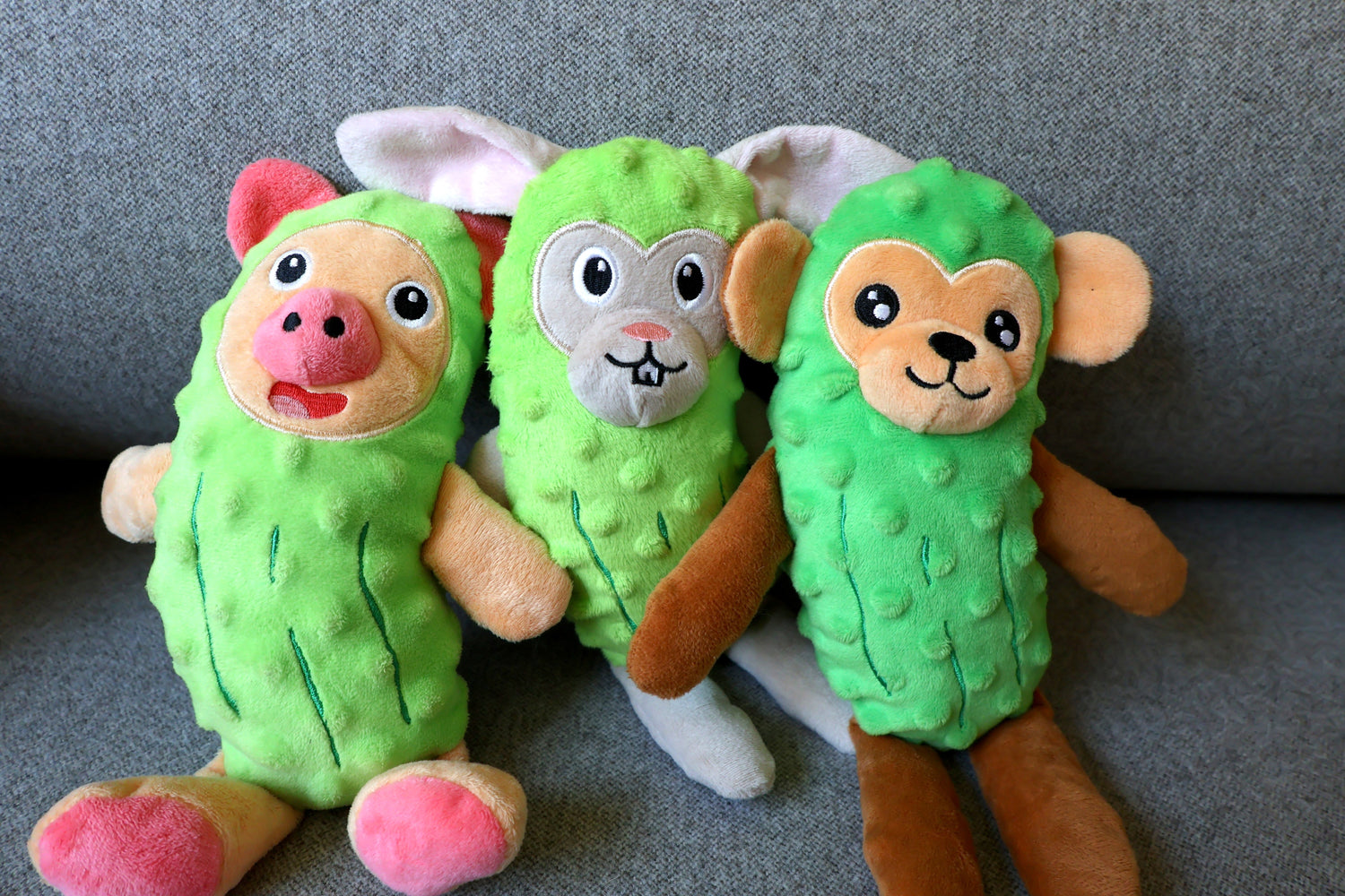 3 Pickle themed plush dog toys