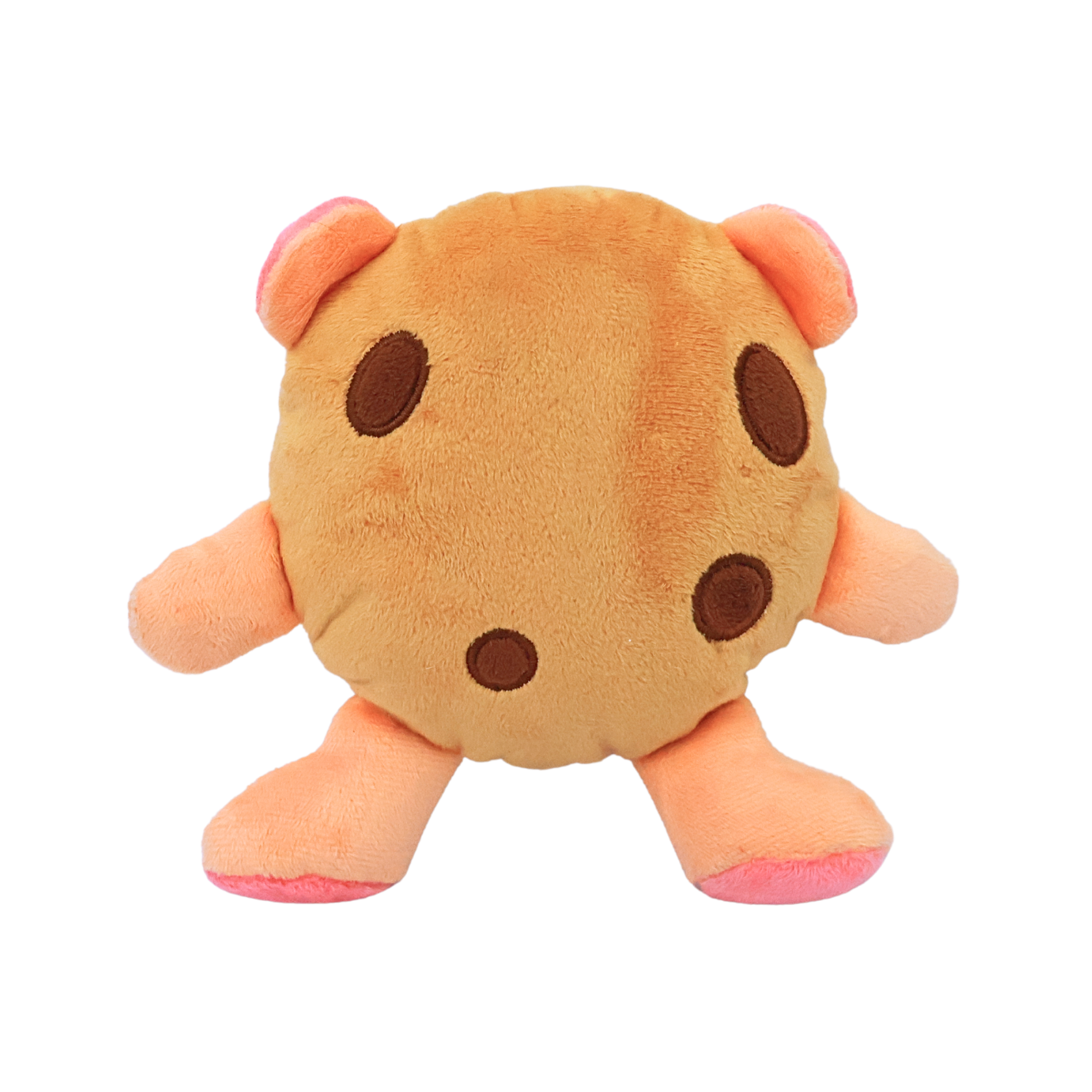 The back view of a plush brown and pink dog toy resembling a pig in a chocolate chip cookie costume