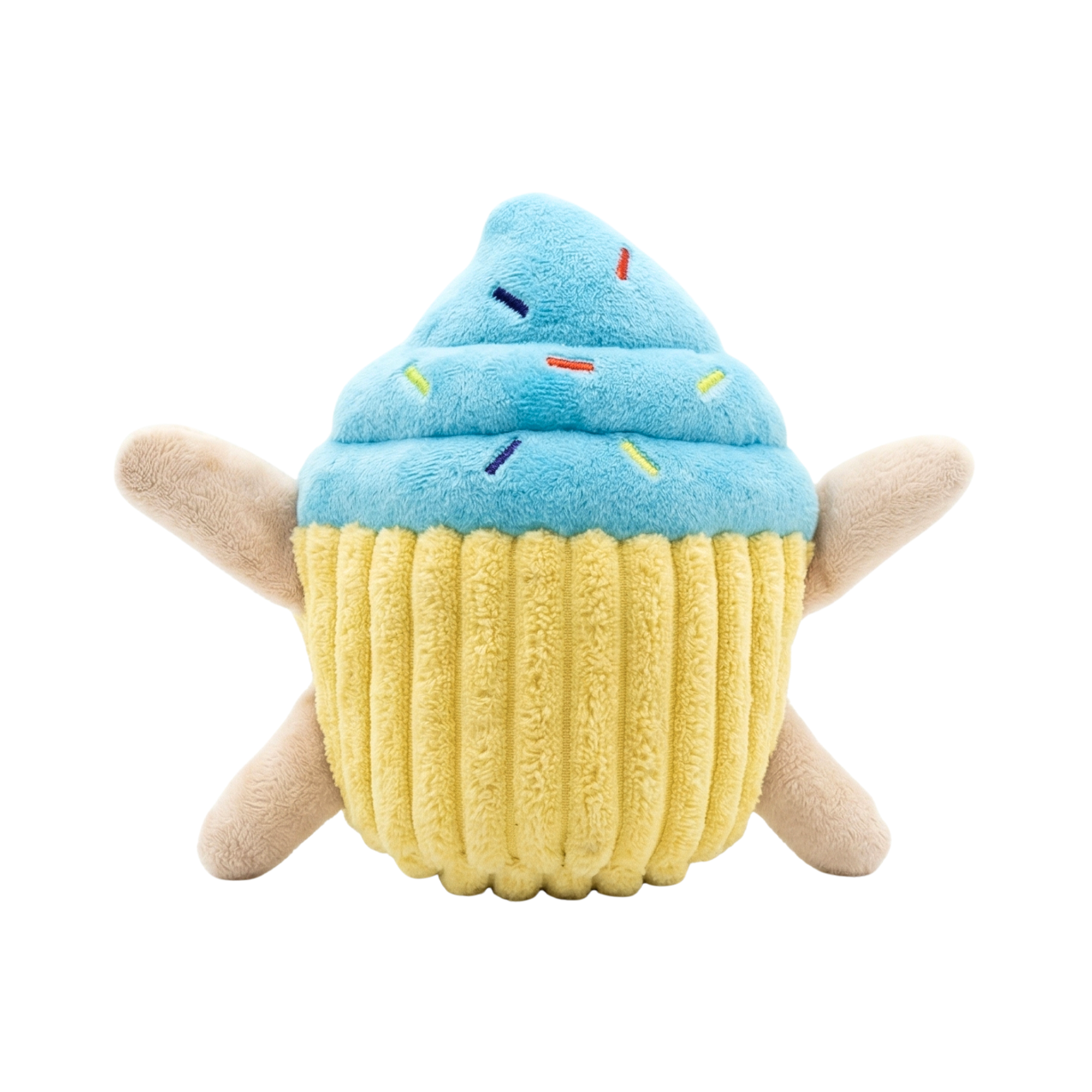 The back view of a plush dog toy resembling a bunny in a blue frosted cupcake costume on a white background