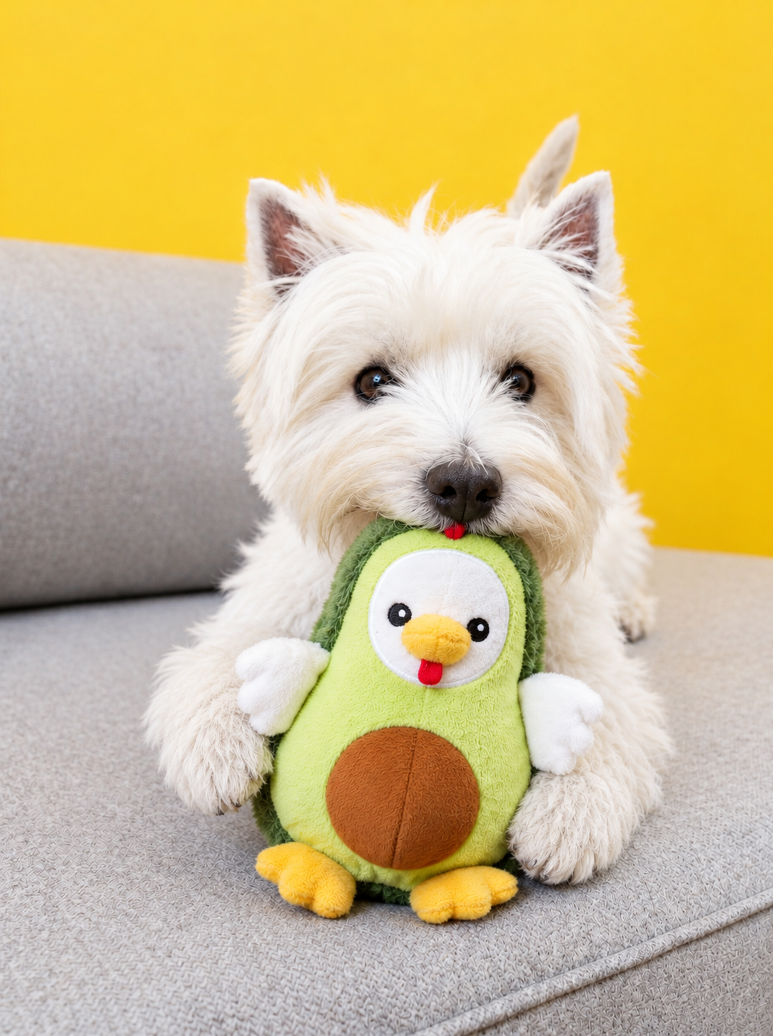 A small white dog sits on a gray sofa holding a plush avocado toy with a cartoon chicken face. The background is a solid bright yellow wall.