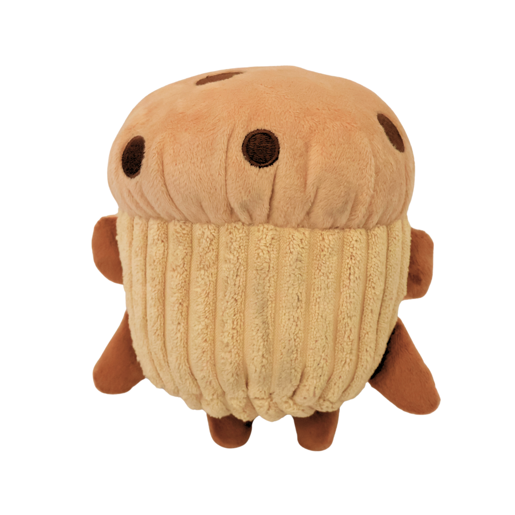 The back view of a plush brown dog toy resembling a monkey in a chocolate chip muffin costume on a white background